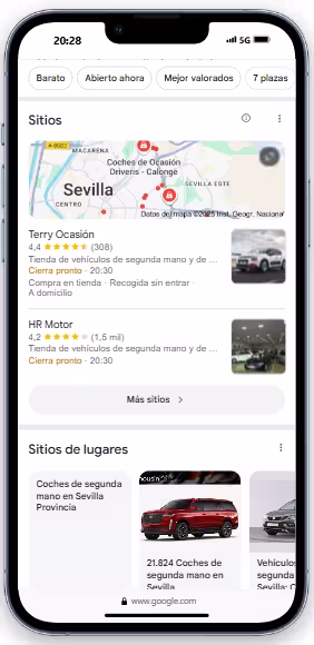 ejemplo de las SERPs de Google para búsqueda comprar coches segunda mano en Sevilla